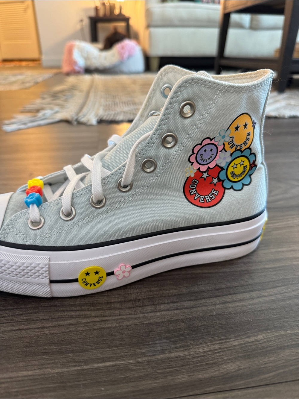 Converse High Top Sneakers in Mint with Multicolor Flower Charms - Picture 4 of 11